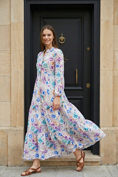 MODAQU Floral Pattern Half-Buttoned Segmented Viscose Dress -Blue