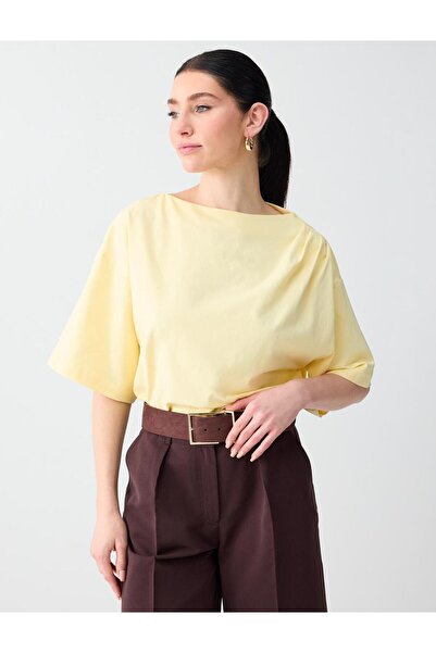 Jimmy Key Yellow Relaxed Fit Boat Neck Off Shoulder Knitted Blouse