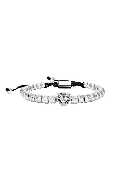 Tessero Men's Silver Jaguar Bracelet, Adjustable, Crystal Details and Emerald...