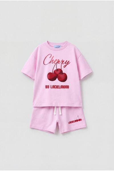 Magu Girl's Cotton Pink Cherry Printed T-Shirt Shorts Set
