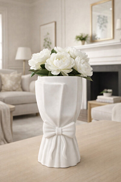 SZN HOME DESİGN Μοντέρνο Λευκό Διακοσμητικό Βάζο με Λεπτομέρεια Παπιγιόν Κομψ...