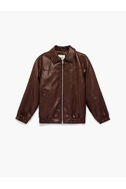 Koton Jachetă cu mânecă lungă guler de cămașă cu piele sintetică fermoare