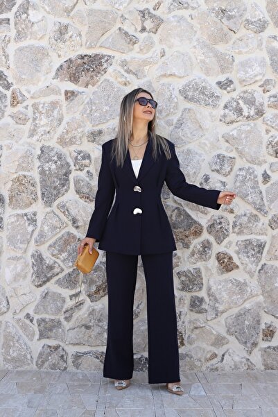 bytugcekaya Navy blue double button blazer suit with pile detail