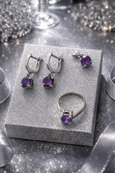 Ametist 925 Ayar Gümüş Taşlı Set – Küpe Kolye Yüzük Takım