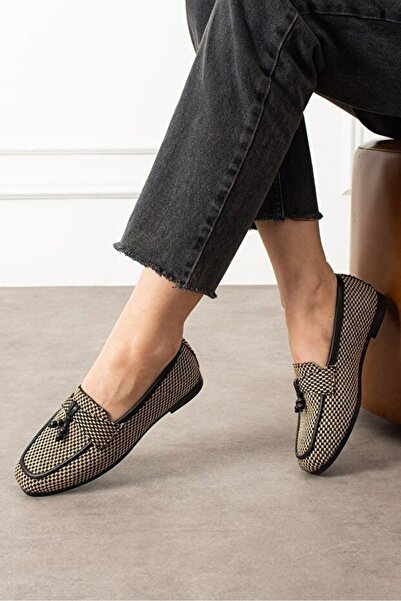 STOCON Padova Checkered Black Tasseled Wooden Bead Detailed Loafer Ballerina ...