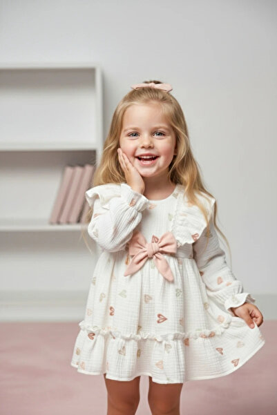 aysskids Scarlett Heart Patterned Ruffled Girls' Holiday Muslin Dress