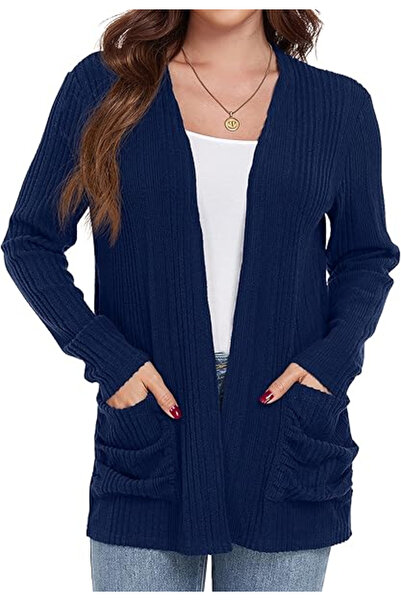 Grecerelle Women's long-sleeved loose knit cardigan, Blue L