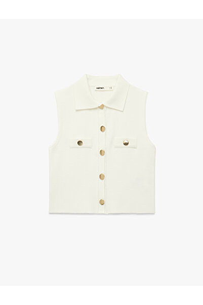 Koton Regular Fit Gömlek Yaka Düğmeli Aplike Detaylı Triko Yelek