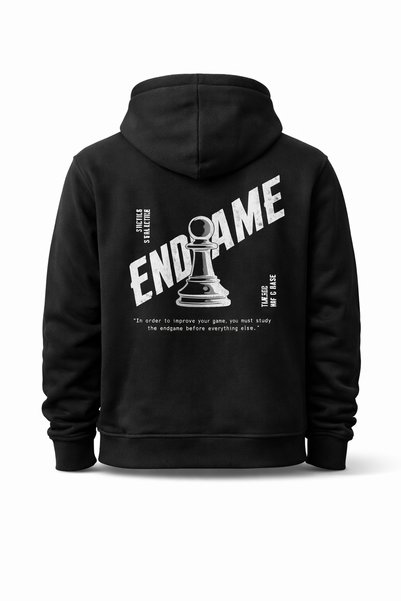 satranc365 "Endgame" Piyon Baskılı Siyah Fermuarlı Hoodie - Kapüşonlu Sweatshirt