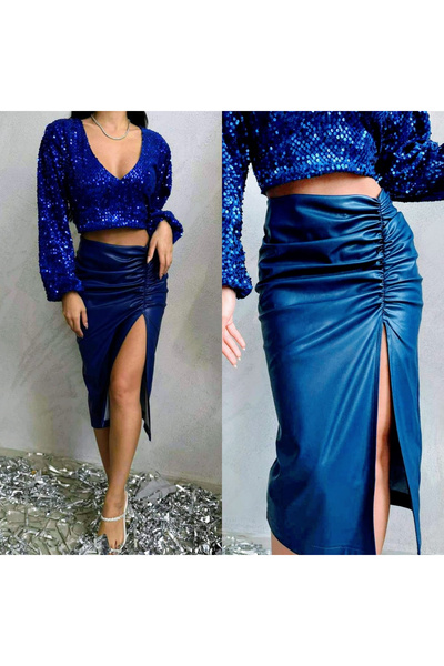 Mad Diva Fusta Midi din Piele , Albastra