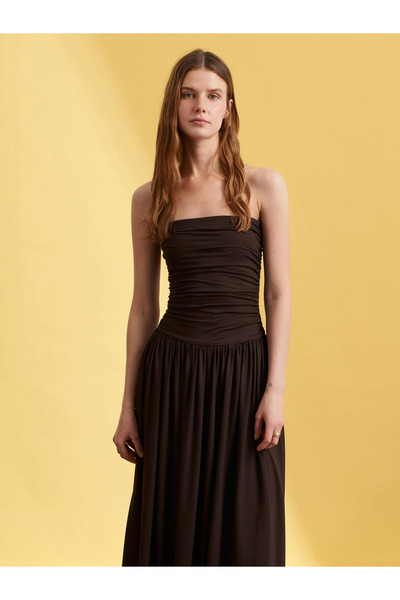 Dilvin 91496 Strapless Gathered Dress-Dark Brown