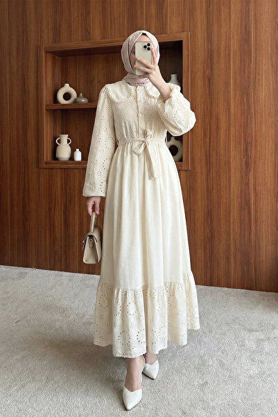 MODAQU Baby Collar Scallop Detailed Belted Dress - Beige