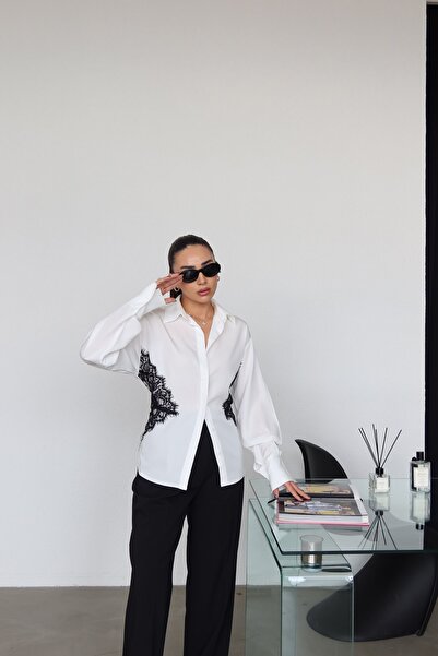 Özge Özgenç Güpür İşlemeli Beli Bağlamalı Gömlek