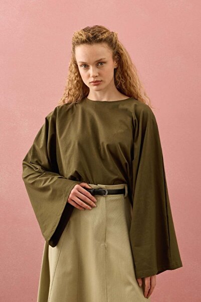 Ceylan Otantik Khaki Single Jersey Bat Sleeve Crop