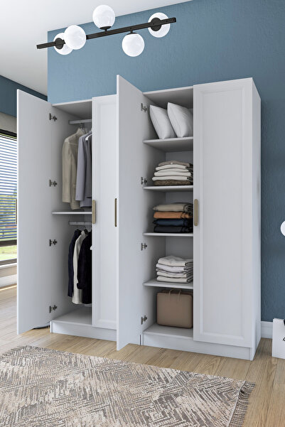 Rani Mobilya Rani BA208 Membran Kapaklı Gardırop 5 Raflı 2 Askılı 4 Kapaklı E...