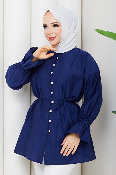 HİFADEN Women's Button Detailed Waist-Tie Hem-Cuff Gathered Hijab Shirt