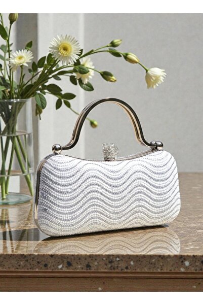 GUİZA Women's Bag with Zircon Stones and Pearls, Evening Dress Bag with Pearl...