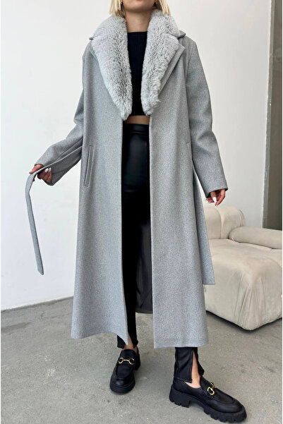 Mad Diva Grey Fabric Coat with Detachable Fur Collar and Functional Pockets
