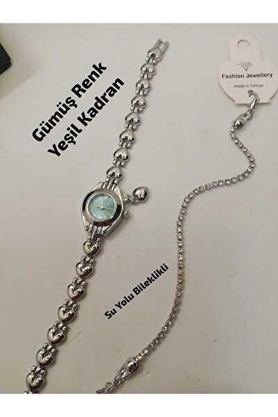 Brality MİNİMAL MODEL YEŞİL Renk Kadran - Kalp Charmlı Gümüş Renk Kordon Kadı...