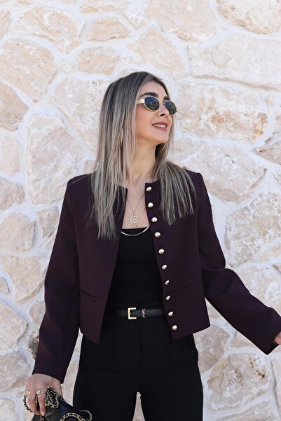 bytugcekaya Plum bicycle collar gold buttoned short jacket