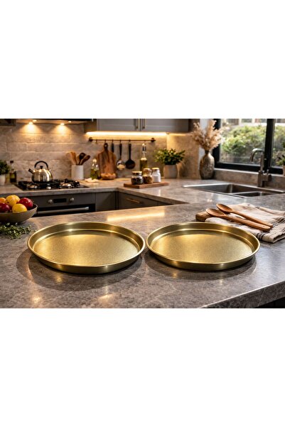 gülis Lüx Metal Gold Renk 30cm 2 Adet Yuvarlak Tepsi , Kahve Dekoratif Sunuml...