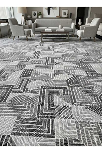 Nesrin KAYMAZ JEL TABAN MODERN KESME YOLLUK SALON HALISI KOYU GRİ BEYAZ ŞEKİLLİ