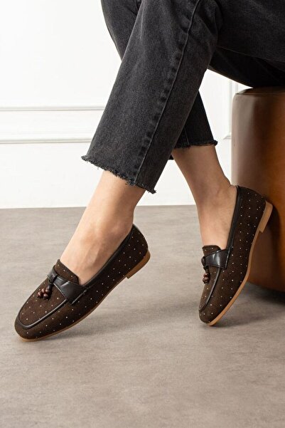 STOCON Padova Tan Mini Stone Tasseled Wooden Bead Detailed Loafer Babet Casua...