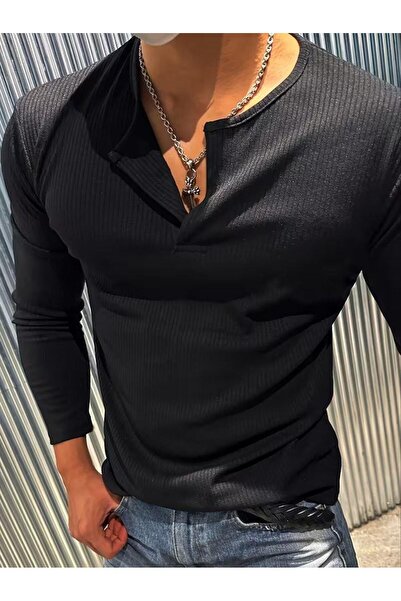 Oksit Mecho Erkek Slim Fit Likralı Henley Yaka Uzun Kollu Tişört - Düğmeli Esnek Kumaş