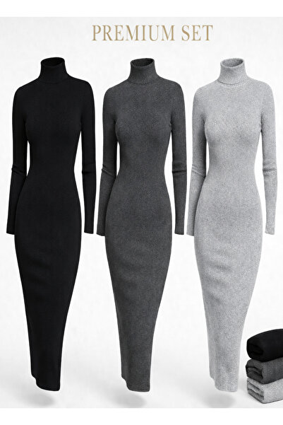 RİEMA Women's 3-Piece Premium Set Turtleneck 130 cm Midi Length Original Long...