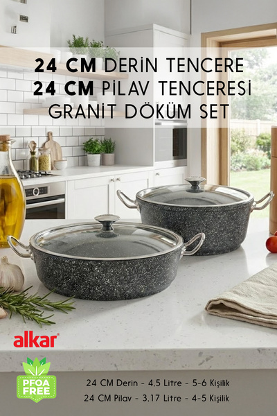 FİTHOME 24 Cm Derin ve 24 Cm Pilav Karnıyarık Granit Döküm Tencere Seti Fırın...