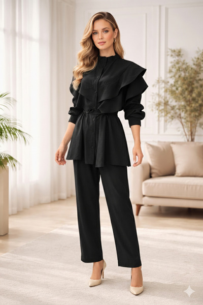 QUBERZ Flywheel Detailed Waist-Tied High Collar Trouser Suit