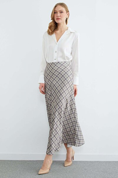 Fulla Moda Plaid Patterned Maxi Length Satin Skirt