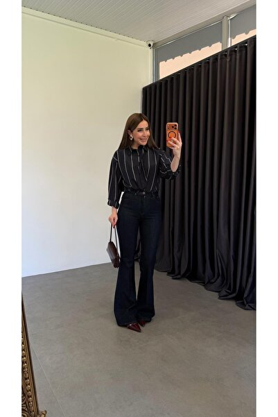 elif teke Masion Navy Blue High Waist Spanish Flare Jeans Navy Blue