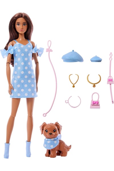 Barbie Sonsuz hareket bebeği ve köpekçiği aksesuarlı köpekli barbi oyuncak bebek esmer kız bebeği oyuncağı