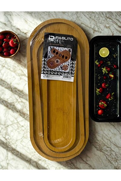 KAPLANBABA Bamboo Special Long Oval Presentation Tray Set of 3 10X33, 14X39, ...