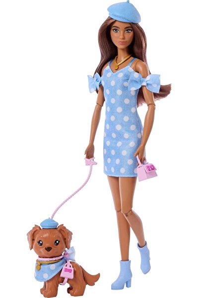 Barbie Sonsuz hareket bebeği ve köpekçiği aksesuarlı köpekli barbi oyuncak bebek esmer kız bebeği oyuncağı