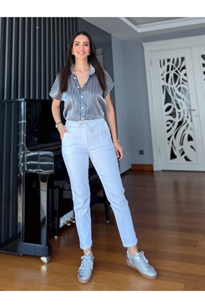 Atelier Derin White Elastic Waist Double-Legged Lycra Trousers