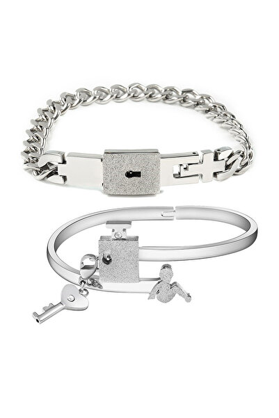 Tessero Set of 2 Couple Bracelets "Lock & Key" Silver - Premium Stainless Ste...