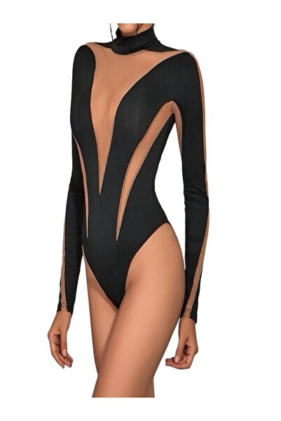 moho Elegant bodysuit with long sleeves and transparent Tulle details, snap c...