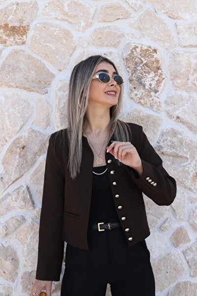 bytugcekaya Bitter Brown Crew Neck Short Jacket with Gold Buttons