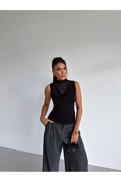 Cool & Sexy Collared Tulle Detailed Draped Sleeveless Women's Blouse Black