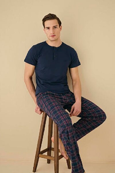 Aydoğan Men's Buttoned Short-Sleeved Pajama Set - Navy Blue Red Plaid Pattern...