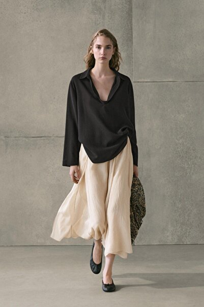 Massimo Dutti Rami karışımlı dökümlü midi etek