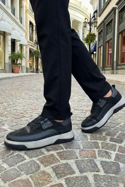 Ekonomik Ayakkabı Men's Black Thick Sole Sneaker Sports Shoes with Gray Detai...