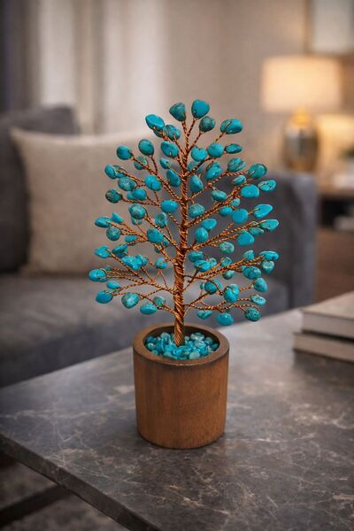 Doremcy Turkuaz Doğal Taş Hayat Ağacı Biblo 20 cm Şans Bereket Dekoratif Masa...