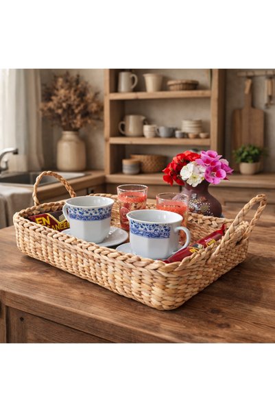 EM&MA DESİNG Wicker Tray/Presentation Plate, Decorative Basket for Kitchen, Living Room, Hand-Knitted Wicker Product 21X28X6