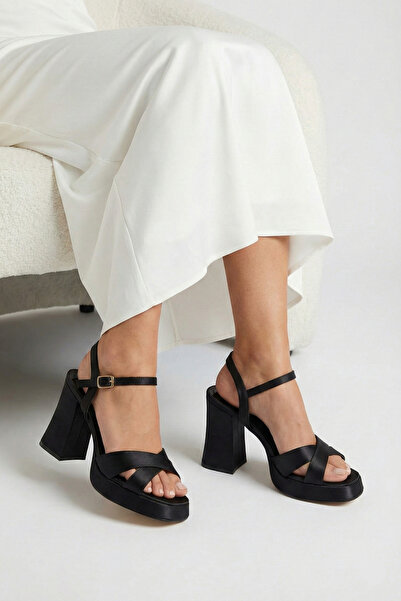 Elvessa Women's Black Satin Cross-Strapped Platform 10cm Thick Heeled Evening...