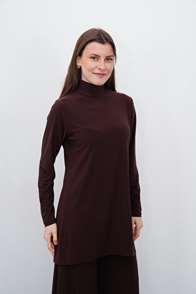 penyebizden High Collar Sandy Tunic-Brown