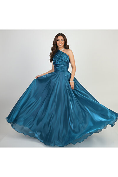 SERA Luminous Teal One-Shoulder Organza Ballgown