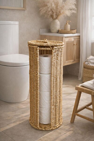 NEWNOW Terra Toilet Paper Stand with Wicker Cover Rattan Bathroom Organizer
